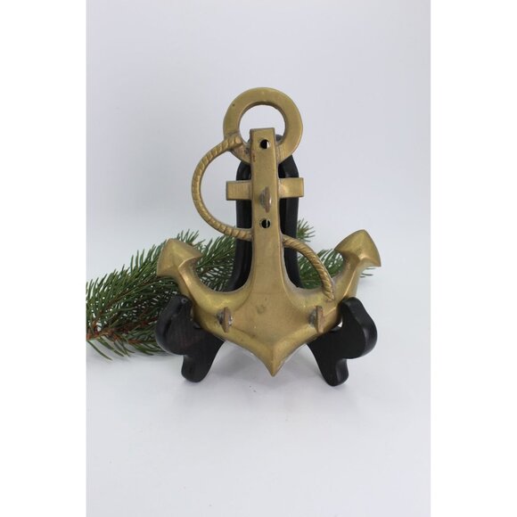 Vintage Brass Anchor Wall Hook Nautical 3 Hook Hanger Solid Brass Rope Detail 6x - Picture 1 of 7